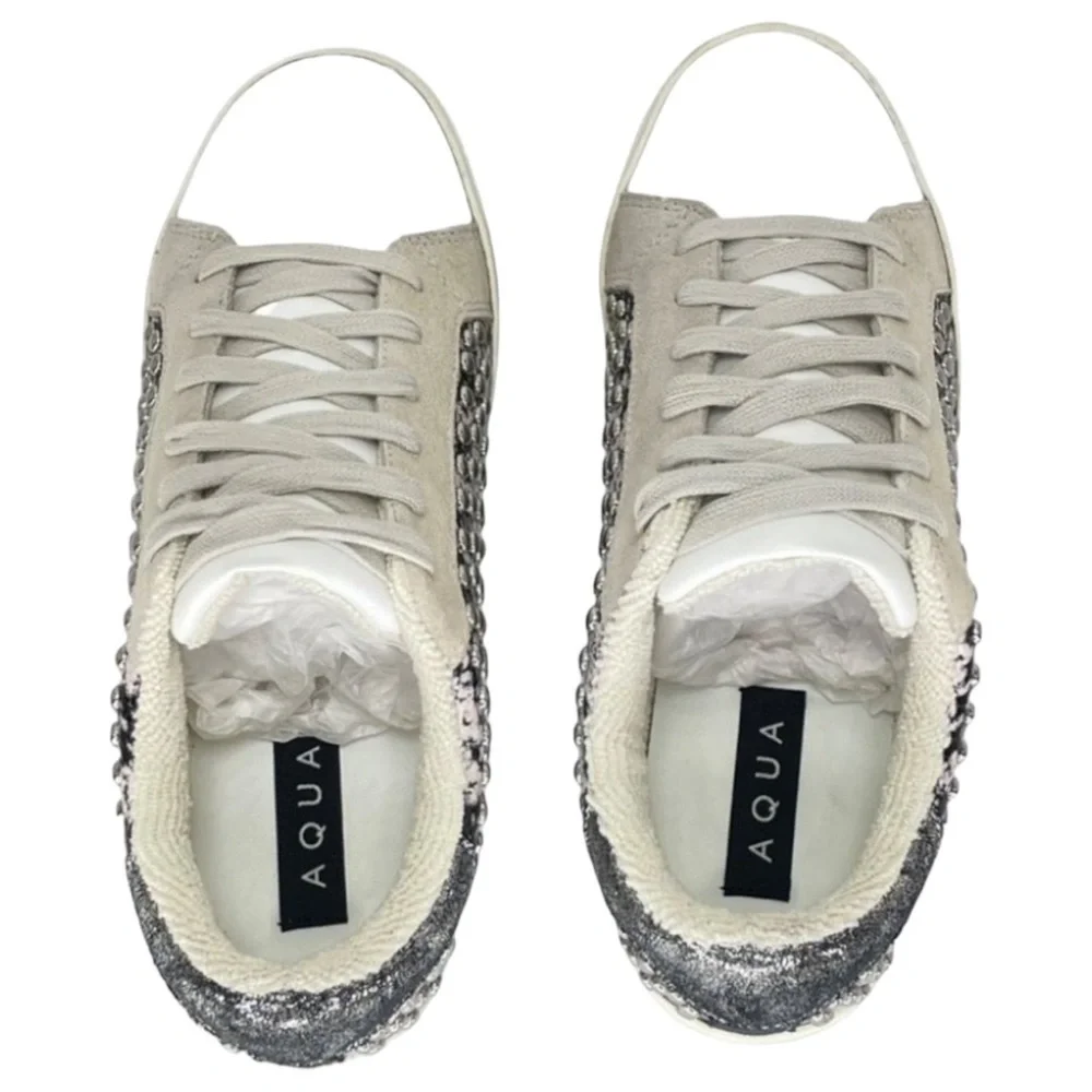AQUA Womens Sneakers 10M Tess Grey Snake Print Leather Silver Studded